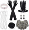 PLULON 10-teiliges 1920er Flapper Great Gatsby Accessoires-Set Fashion Roaring 20's Theme mit Stirnband, Kopfbedeckung, langen schwarzen Handschuhen, Halskette, Ohrringen für Frauen (Black Gold)