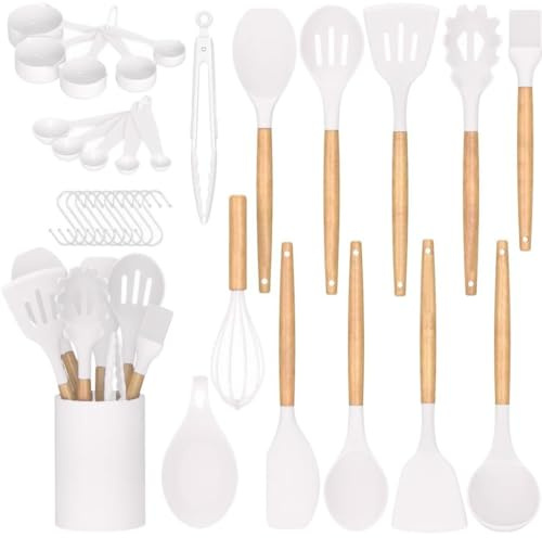AHASON 33pc Cream White Silicone Cooking Utensils Set - Heat Resistant Kitchen Gadgets with Holder, Measuring Cups & Hooks - Non-Stick BPA Free Professional Cookware