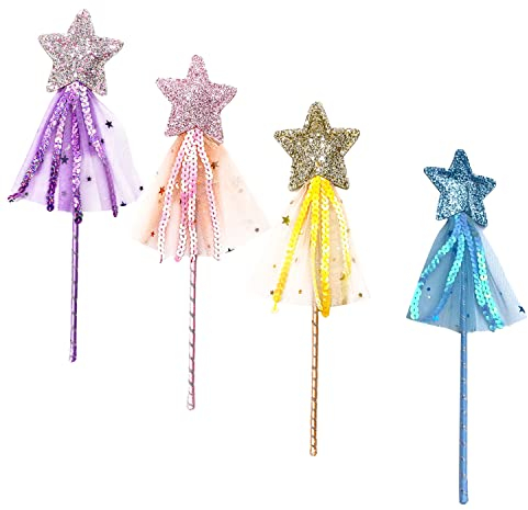 PFLYPF Lot de 4 Baguettes Magiques Princesse Étoile pour Enfants à Paillettes - pour Noël, Halloween, fête d'anniversaire (4 Couleurs)