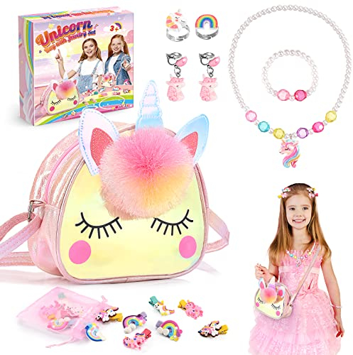 Qukir Unicorn Gifts for Girls, Kids Jewellery Sets for Girl Unicorn Toys for 2 3 4 5 6 Year Old Girl Toys Age 2 3 4 5 6 Year Old Gifts for 2-12 Year Olds Girls Birthday Presents Crossbody Bag