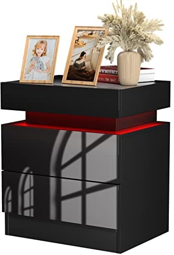 PIPIPOXER Nachttisch mit LED Beleuchtung, Beistelltisch in Schwarz mit großen Stauraum,Nachttische aus Holz mit 2 Schubladen Nachtschrank für Wohnzimmer,Schlafzimmer,Bett Schwarz 45x35x52cm