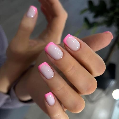 Agasar 24pcs Short Square French Pink Tip Stick on Nails, ABS Material, Full Cover Nails, Women Girls Nail Art Accessories