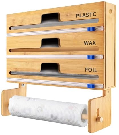 4 in 1 Folienschneider aus Bambus,4-Fach Wandrollenhalter Frischhaltefolienspender,Küchenrollenhalter für die Wand in der Küche,Küchenrollenhalterung hängend