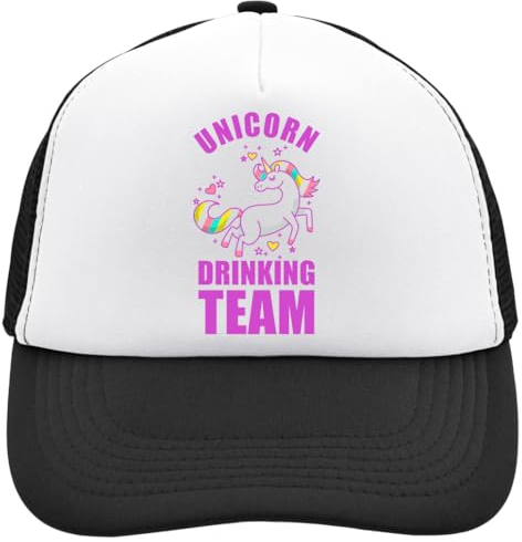Unicorn Drinking Team Magical Pink Design Mesh Back Trucker Cap Adjustable Snapback Hat Casu White, Schwarz , Einheitsgröße
