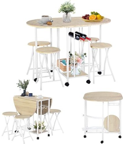 ZZINOKE Klappbarer Esstisch 5er-Set, Bartisch auf Rollen, Esstisch mit 4 Klappstuhl,Küchentisch Ausziehbar, Metallgestell, Geeignet für kleine Räume, Natur