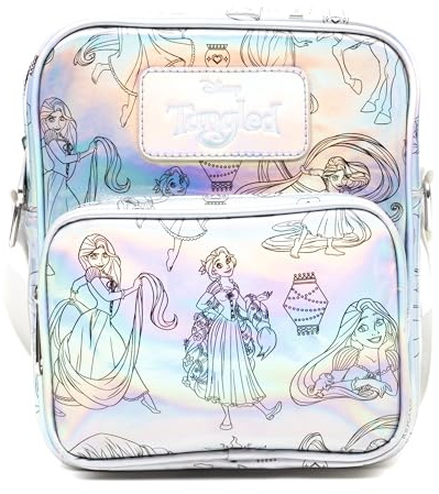 Disney Crossbody-Rucksack aus veganem Leder mit verstellbarem Riemen, verhedderte Rapunzel-Posen, schillernd, holografisch
