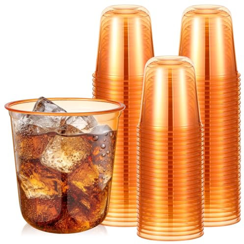 Ziliny Disposable Stemless Glasses 12oz Crystal Plastic Wine Glasses Clear Classic Pet Cup for Meeting Weddings Birthdays Cocktail Christmas Party Supplies(Orange,50pcs)