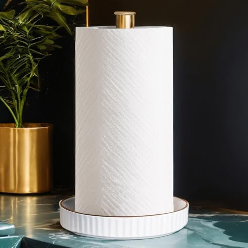 Kitchen Roll Holder Free Standing, Easy-to-Clean Ceramic Base, 18cm Diameter x 32cm Height, Stable, Elegant and Durable Kitchen Tissue Holder- Golden Glow