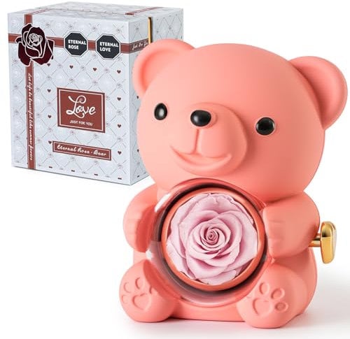 Ariceleo Rosa Orsetto Romantico con Rosa Preservata, Vera Rosa nel Peluche, Elegante Scatola Regalo, Collana a Forma di Cuore, Regalo Romantico Perfetto per San Valentino Festa della Mamma Matrimoni