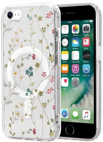 Foonary Transparent Magnetisch Handyhülle für iPhone 7/8/SE 2020/SE 2022 4,7 Hülle, Aesthetic Blumen Schutzhülle Kompatibel mit MagSafe, Silikon Magnet Cover für iPhone SE 3 Mädchen Frauen Case,6