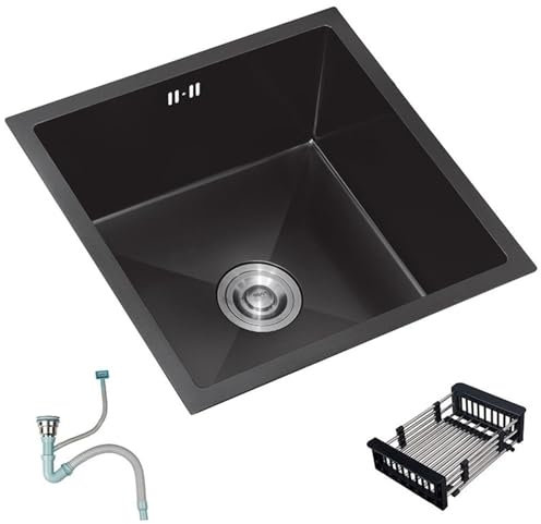 Schwarze Edelstahl-Untertischspüle mit Siphon für Mini-Küche, kleine quadratische Spüle, 38 x 30 cm