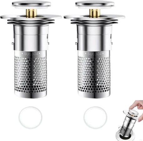 leruiyezs 2pcs Tapón Lavabo 30 Mm Con Filtro Antibloqueo Y Función Pop-Up, Tapón Desplegable De Acero Inoxidable 304 Universal Para Lavabo, Fregadero Y Bañera, Fácil De Instalar,for Orificios Estándar
