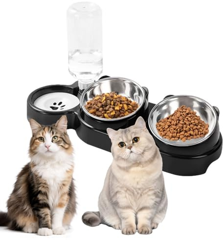 3 in 1 Cat Bowl, Cat Food and Water Bowl Set with Water Dispenser and Stainless Steel Bowls, Double Pet Bowls with Water Dispenser Cat Feeding Station For Small Medium Dogs Cats