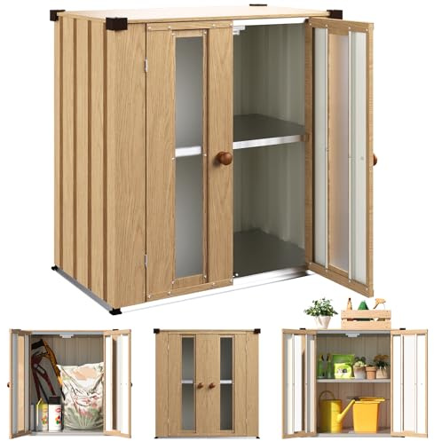 YODOLLA Pflanztisch mit Unterschrank, wetterfester Kleingartenschrank mit 1 herausnehmbaren Einlegeboden, vertikale Box, doppeltüriger Gärtnertisch für Garten, Hof & Balkon, 77x46x79cm, Naturholz