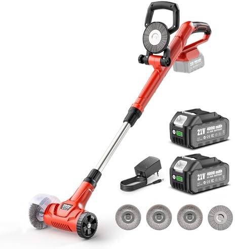 Akku Fugenreiniger 21V Unkrautbürste Elektrisch- Pflasterreiniger mit 2x 4.0Ah Akku, 120 Min. Laufzeit, Teleskopstiel 128cm für Terrasse & Gehweg, inkl. 3 Stahldraht- & 1 Nylonbürste, Fugenkratzer Set
