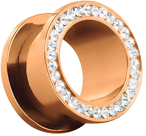 Piersando Flesh Tunnel Ohr Piercing Plug Ohrpiercing Schmuck Schraub Edelstahl Titan Eloxiert mit Zirkonia Kristall Steinen am Rand 6mm Rosegold Rose Gold