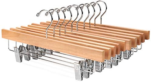 Nature Smile Solid Lotus Wood Deluxe Wooden Pants Hangers Bottom Hanger Jeans Hanger Skirt Hanger with 2-Adjustable Clips Anti-Rust Hook Pack of 10 (Natural)