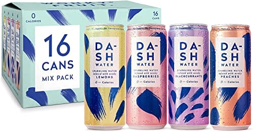 DASH Water Mix Pack – 16x Eaux pétillantes aromatisées (4X Pêche 4X Citron vert 4X Framboise 4X Pamplemousse) SANS Sucre, SANS Édulcorant, SANS calories – Infusées avec des Fruits rejetés (16x330ml)