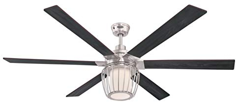 153 cm Deckenventilator Willa von Westinghouse Lighting mit Beleuchtung und Fernbedienung, Ausführung in gebürstetem Nickel, inkl. dimmbare LED-Leuchte mit Milchglas und käfigförmigem Lampenschirm