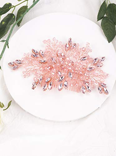 Anglacesmade Bridal Pink Crystal Hair Comb Marquise Crystal Hair Piece Wedding Hair Accessories for Women and Girls (Rose gold)