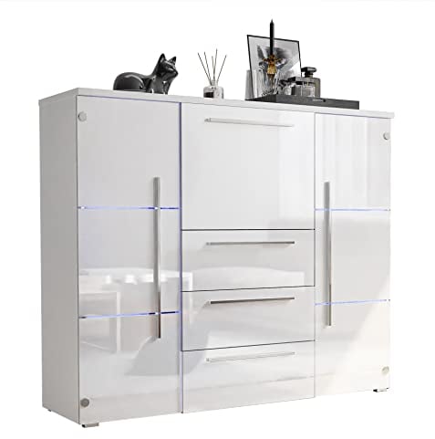 lukmebel Kommode BARI Hochglanz mit Schubladen und Barfach Wohnzimmer Wohnzimmerschrank LED kostenlos HG Highboard Sideboard Schrank Schlafzimmer Schrank Mehrzweckschrank (Weiß/Weiß + Weiß)