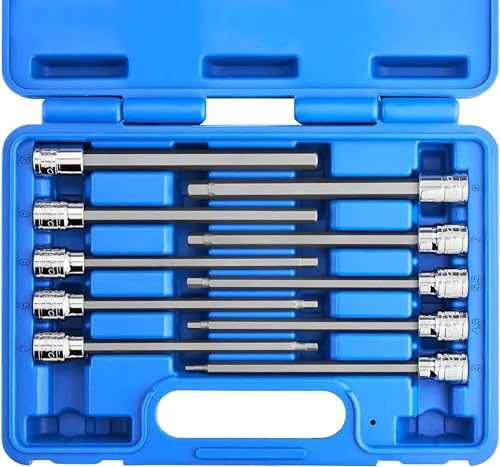 Neiko 10077A 3/8” Drive Metric Extra Long Allen Hex Bit Socket Set | 10 Pieces | Sizes 3mm – 10mm | Shaft Length 6” | Premium S2 Steel Bits | Heavy Duty Cr-V Sockets | Exceeds ANSI Standards