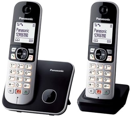 Panasonic KX-TG6852JTB Telefono Cordless Digitale, Unità Base e 2 Ricevitori, ID Chiamante, Blocco Chiamate Indesiderate, Suoneria Categoria, Display LCD, Tastiera Illuminata, Nero
