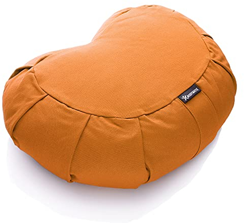 BODYMATE Halbmond Yogakissen 42cm lang 30cm breit und 15cm hoch Orange mit Buchweizen-Spelz Füllung – Maschinenwaschbarer Bezug aus 100% extra Dicker Baumwolle – Meditationskissen – Sitzkissen