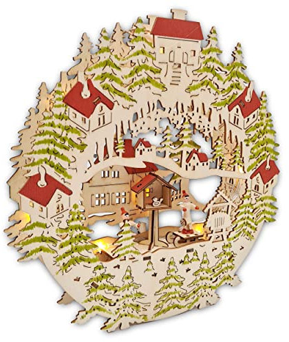 Wichtelstube-Kollektion LED 3D Fensterbild Vogelfütterung Weihnachten Holz beleuchtet Weihnachtsdeko Fenster, Batteriebetrieben inkl. Timer, 30cm Durchmesser