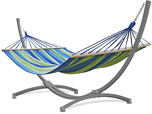 Potenza Outdoor Hängematte mit Gestell für 2 Personen I Stabhängematte XXL 220x160, 200kg I Hängemattengestell 220kg Wetterfest (Grün-Blau, Gestell Grau)