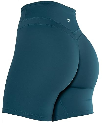 TomTiger Short de Yoga pour Femme avec contrôle du Ventre - Taille Haute - Short de Motard - Collants de Levage de Fesses - Pantalon Court pour Femme, Bleu Sarcelle Profond, Taille S