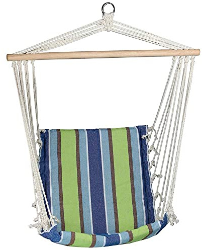 PATIO Hängeschaukel Outdoor Indoor Hängesessel ohne Gestell bis 100 kg Schnüre an Seiten Holzstabe Poly-Baumwolle Streifen blau grün braun
