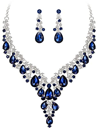 Clearine Hochzeit Schmuck-Set Tropfen Strass Cluster Statement Halskette und Ohrhänger-Set Kostümschmuck für Damen Sapphir-Blau Silber-Tone