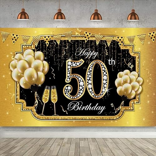 Happy 50th Birthday Hintergrund Party Banner 50 Years Old Booth Schwarz Gold Rahmen Ballon Champagner Glas Hintergrund für Frauen Fifty