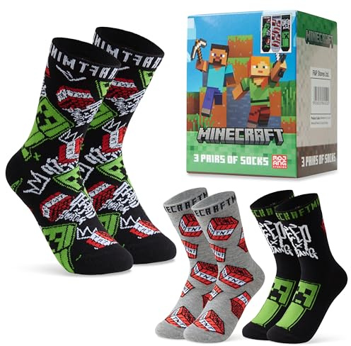 Minecraft Boys Socks 3 Pack or 5 Pack - Cotton-Rich Crew Kids Ankle Socks Everyday School Sports - Gaming Gifts for Boys (Black/Grey, 7-10 Years, 12.5-3.5 UK)