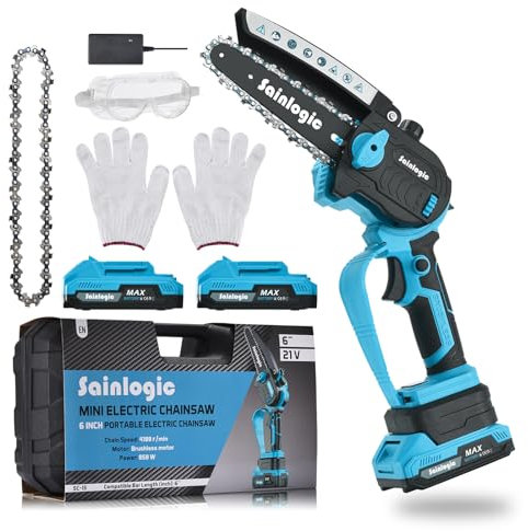 Sainlogic Mini Motosega a Batteria, 6 Pollici Motosega Elettrica a Batteria con Una Sola Mano con Chiusura di Sicurezza, Motosega Elettrica per Tagliare Legna, Potare Rami (Sky Blue)