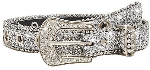 Damen-Gürtel im Vintage-Stil, Strass, Western, Cowgirl, Pailletten, Diamant-Bling für Jeans, Kleid, Hosen, Silber (2,8 cm Breite), Passend für 28-37 Taille