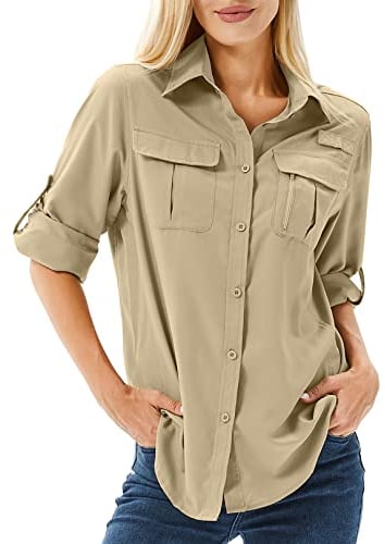 yeyity Hemd Damen UPF 50+ UV Schutz Langarmshirt Damen Outdoor Schnelltrocknend Sommer Shirts Safari Kleidung Wanderhemd Casual Button Down Tops(5071,Khaki,L)