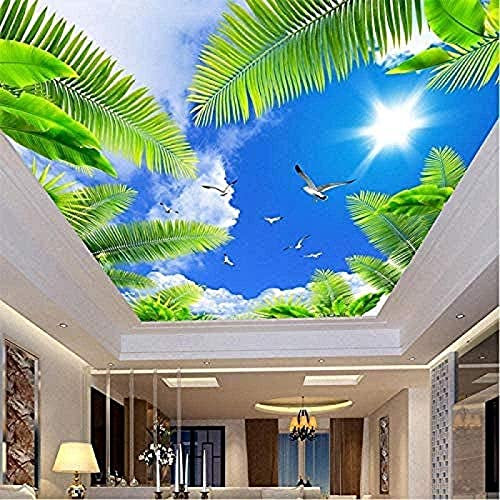 XLMING 3D Murale Détachable 3D Plafond Murale Photo Papier Peint Salon Thème Hôtel Plafond Décoration Murale Bleu Ciel Blanc Nuage Plage Arbre Papier Peint-200cm×140cm