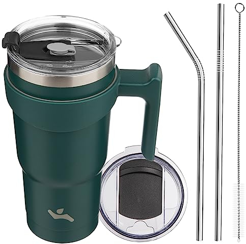 Konokyo 20oz Tumbler with Handle and 2 Straw 2 Lid, Insulated Water Bottle Stainless Steel Vacuum Cup Reusable Travel Mug,Army Green