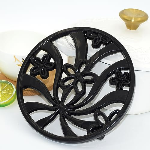 MINLUFUL Vintage Cast Iron Trivet, Heat-Resistant Metal Trivet for Hot Dishes Pots Pans with Daffodil Pattern for Tabletop Protection, Black