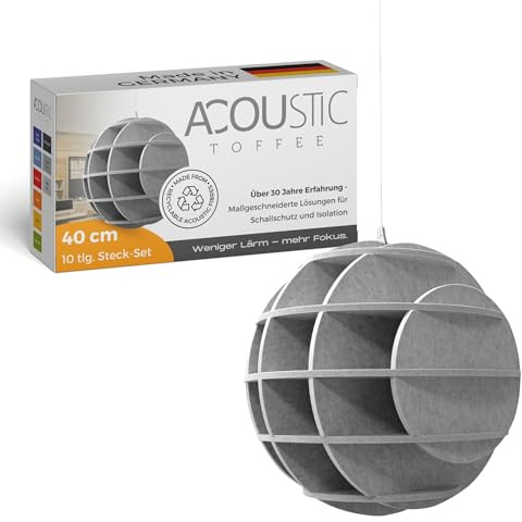 platino24 SATELLITE Akustikobjekt Kugel für die Decke – 40cm – Silbergrau | Schalldämmung – Verbesserung der Raumakustik – 40cm Durchmesser – langlebig, extrem robust – 10-tlg. Steck-Set