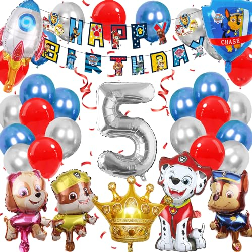 YOUYIKE Dog Ballon 5 Geburtstag Deko, Paw Patrol Geburtstag Deko, 5 Jahre Folienballon Geburtstag, Paw Patrol Luftballon Set mit Alles Gute Banner, Geburtstag Deko für Jungen Mädchen(5)