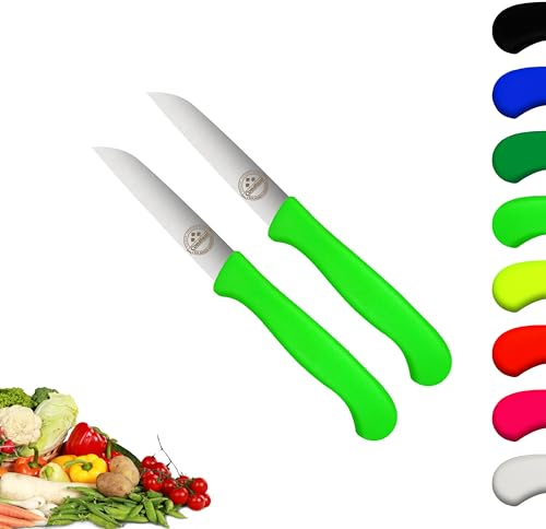 2er Set Gemüsemesser scharf Küchenmesser neon-grün Schälmesser Solingen rostfrei 8 cm/Handabzug - Dünnschliff - superscharf - spülmaschinengeeignet
