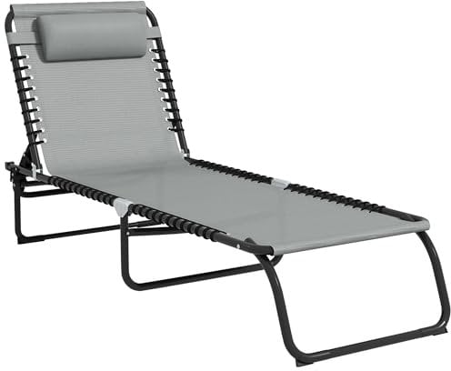 Outsunny Foldable Sun Lounger, Outdoor 4 Level Adjustable Backrest Reclining Chaise Chair, Steel Frame Recliner Chair for Camping, Hiking, Light Grey