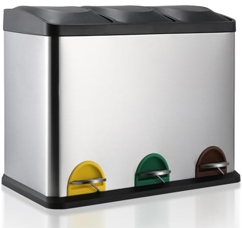LIFERUN Cubo de basura 3 compartimentos, sistema de separación de residuos 3x 15L, cubo de basura de cocina de 45 litros, cubo de basura grande de acero inoxidable con tapa, cubo interior extraíble,