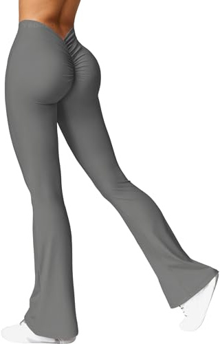 YEOREO Damen Flared Leggings V-Ausschnitt Taille Scrunch Workout Leggings High Waisted Butt Lifting Nahtlose Gym Yoga Schlaghose Grau S