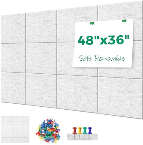 Große Korktafel-Alternative, 30 x 30 x 0,9 cm, 12 Stück, Filz-Wandfliesen, selbstklebend, sicher, abnehmbar, große Korktafel, Pinnwand, Filztafel, Korktafel für Büro, 48 x 36 cm, Weiß / Grau