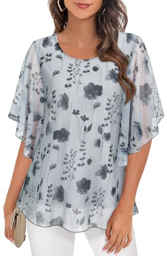 Syphiby Chiffon Tops for Women UK Tops for Women Ladies 3/4 Sleeve Blouse Casual Summer Dressy Tops for Women UK Womens Floaty Tops Ladies Chiffon Tops Summer Fall Wear Chic Party Tops White Grey