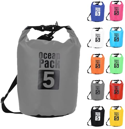 5L Grau Wasserdichte Tasche, Dry Bag 2L/5L/10L/15L/20L/30L mit Verstellbarem Gurt, Schützt Telefon/Karte, Roll Top Wasserdichter Beutel Rucksack für Schwimmen/Rafting/Kajak/Bootfahren/Camping/Strand